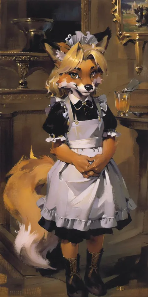 dark night,absurdres, highres, ultra detailed, masterpiece, sharp shading,cowboy shot,
fox furry girl,kid,maid,blonde,fur paws,high detail fur,oil painting style,castle
looking at viewer,<lora:kenkelly:0.5> <hypernet:animeCharacterDesign_icsAnythingV3:0.5>