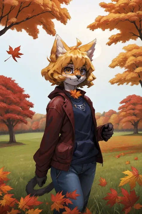 masterpiece, best quality, looking at viewer, soumao,servalcat
furry cat girl,blonde,farmer, farm,grass,wind,autumn leaves,
<lora:servalcat:0.6>