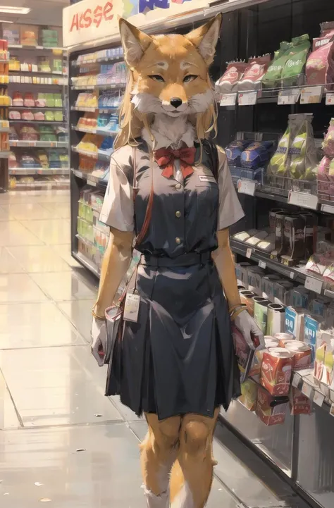 highres,r,4k,(Convenience store:1.2),furry girl,tibetanfox
calm,small eyes,(Convenience store clerk uniform:1.1)
high detail fur,fur paws,
<lora:Tibetanfox:0.8>