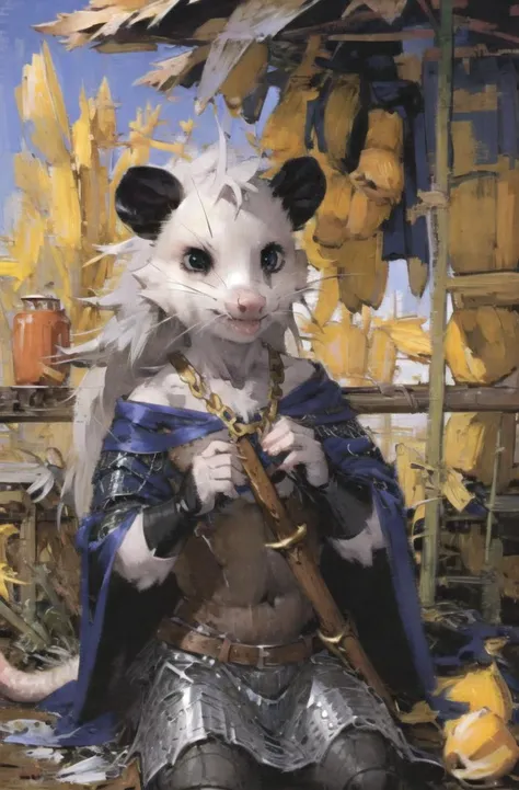 masterpiece, best quality,furry opossum girl,white  wave hair,(chainmail:1.3),helmet, holding sword
( Medievalcat:1.3),solo,bird,star,outdoors,opossum
medieval, painting, <lora:opossum:0.8> <lora:Hyilpi_style:0.4>