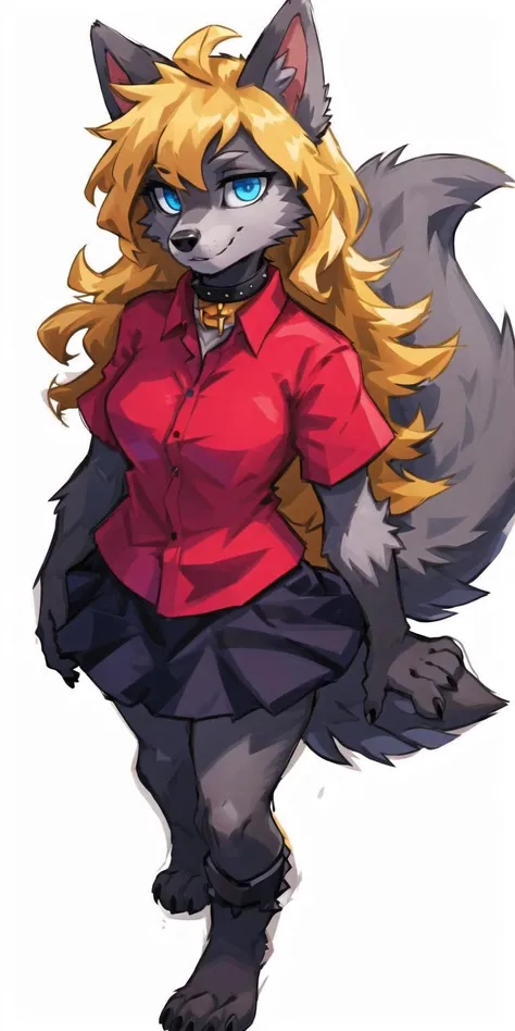 wolf furry girl,blonde,long hair,looking at viewer,crossed bangs,blue eyes,high detail eyes
by Glacierclear, by Ulitochka, by Levelviolet, by Zephyxus,
(red shirt:1.2),black skirt,(high detail grey fur:1.2),punk collar,zootopia, fur paws
(white background:1.1)masterpiece,highres,8k,(sharp:1.15)
<lora:Hyilpi_style_V1.0:0.3>