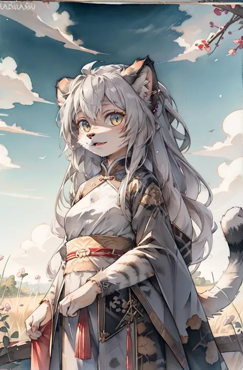 masterpiece, best quality,(furry cat girl:1.3)hdr,8k,hires,extremely detailed CG unity 8k wallpaper,prairie,manul,tusun
illustration,absurdres,traditional media,grey hair ,long hair,looking at viewer,cloudy sky ,chinese clothes, outdoors,
<lora:Manul:0.7> <hypernet:furry_kemono:0.3> <lora:change:0.5> <lora:add_detail:0.3>