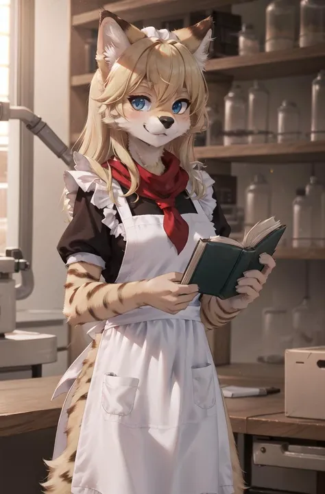 solo,masterpiece, 8k,best quality ,furry girl,8k,hdr,hires,high detail fur,
laboratory,servalcat,holding_book
perfect anatomy,blonde,long hair,look at looking at viewer,(white apron:1.1),red neckchief
<hypernet:furry_kemono:0.3> <lora:servalcat:0.7> <lora:sovietForm:0.5>