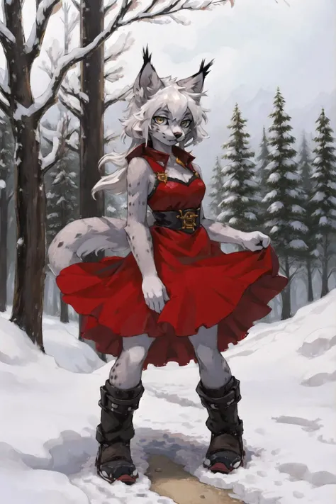 masterpiece, best quality,canadalynx, lynx, shanmao, sheli,looking at viewer,
furry girl,white hair,long hair,red dress,snow,outdoors
<lora:Lynx:0.5>