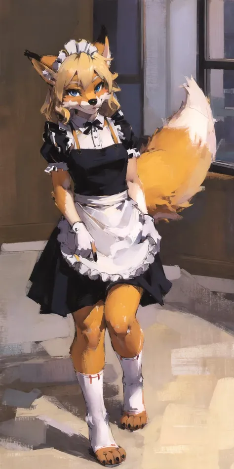 dark night,absurdres, highres, ultra detailed, masterpiece, sharp shading
fox furry girl,???,maid,indoors,blonde,fur paws,yoga
looking at viewer,<hypernet:furry_kemono:0.3> <lora:kenkelly:0.3>