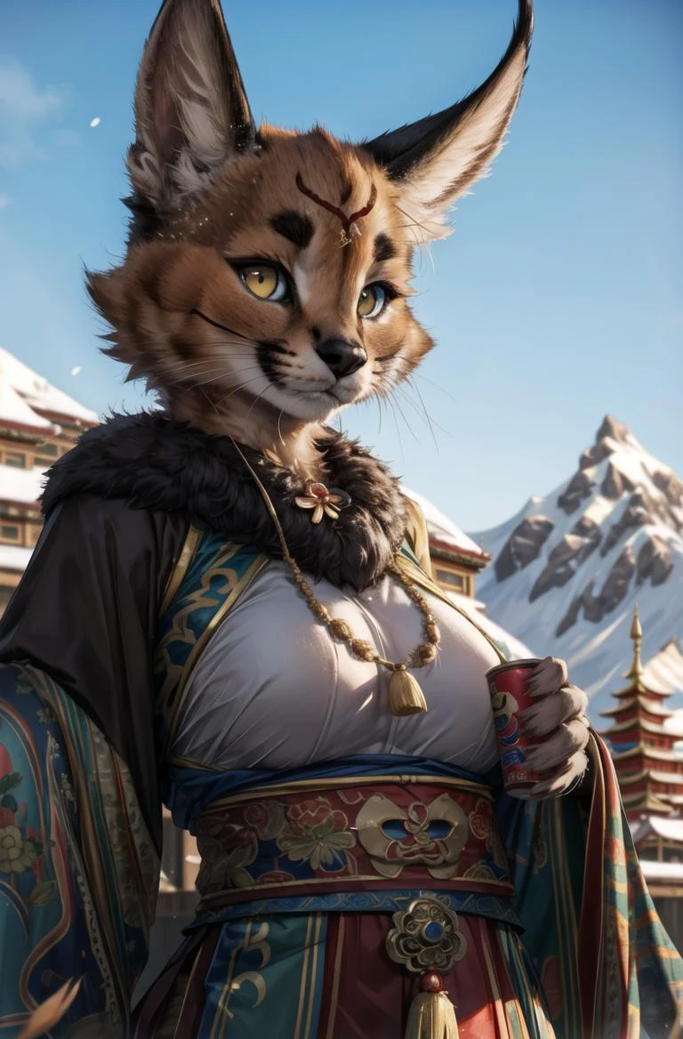 masterpiece, best quality,furry girl,Snow mountain ,Tibet,Temple,hdr,cinema angle
perfect light,dark skin,animal nose,solo,detail fur,epic movie concept
adorable,chinese clothes, looking at viewer,caracal
<hypernet:furry_kemono:0.5> <lora:Caracal:0.7> <lora:add_detail:0.5> <lora:Possum2:0.5>
