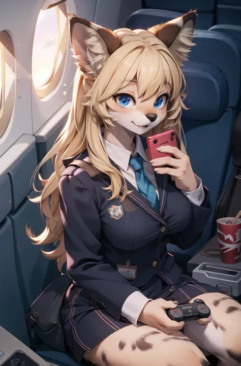 masterpiece, best quality,hdr,8k,1girl,furry female,airplane indoors,solo,high detail fur,cinema angle,8K,game CG,sitting, 
perfect lighting,servalcat,air stewardess uniform,kitten,adorable,blonde,long hair,paws,play game console, 
<hypernet:furry_kemono:0.5><lora:servalcat:0.7> <lora:3DMM_V7:0.5> <lora:add_detail:0.3>