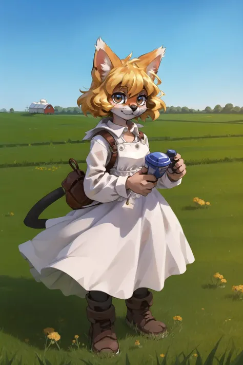 masterpiece, best quality, looking at viewer, soumao,servalcat
furry cat girl,blonde,farmer dress, farm,grass,wind
<lora:servalcat:0.6>