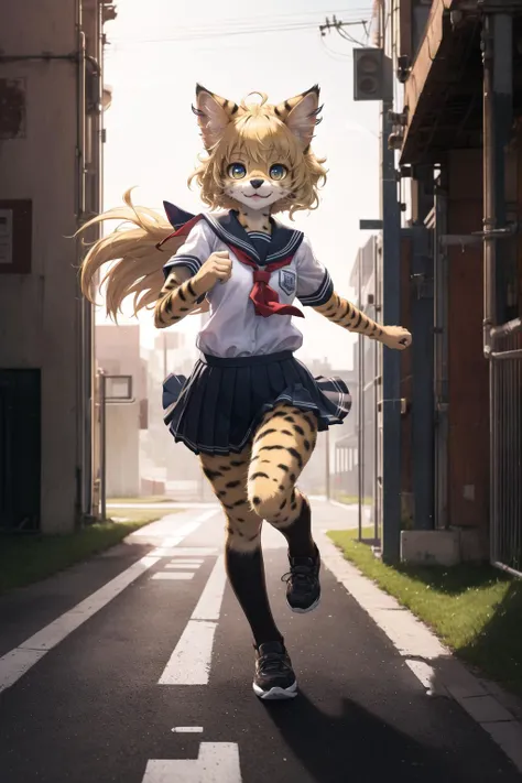 masterpiece, best quality,1girl,furry,road to school ,rim lighting,dynamic angle
blonde,servalcat,perfect light,running faster
,kitten,adorable, looking at viewer,school uniform,wind
<hypernet:furry_kemono:0.3> <lora:servalcat:0.7>