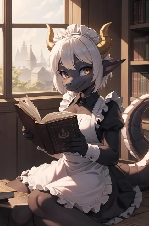 masterpiece, best quality,1girl,furry,reading book,horn,(Kobold:1.2),side of windows,
perfect light,sit,dark skin,animal nose,solo,dragon female,tail,detail fur
adorable,maid dresss, looking at viewer