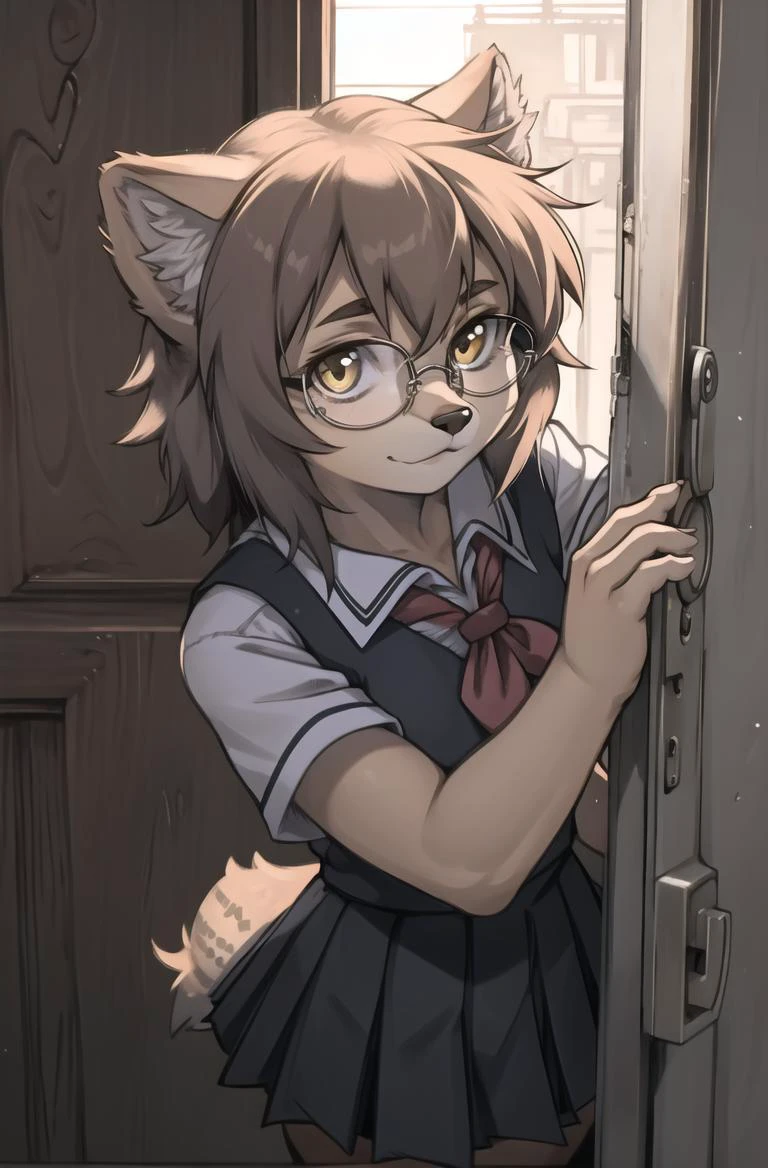masterpiece, best quality,1girl,furry,ship,manul girl,side of door,
perfect light,glasses,animal nose,solo,detail fur
adorable,black school uniform,glasses, looking at viewer,
<hypernet:furry_kemono:0.4> <lora:rd-rn-v3:0.5> <lora:Manul:0.7> <lora:90sv1:0.25>