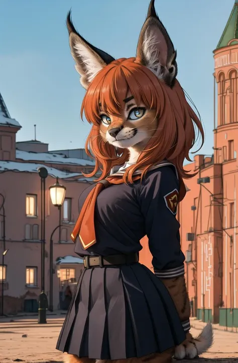 masterpiece, best quality,4k,hdr,perfect lighting 1girl,furry,solo,moscow,soviet,cowboy shot,fang,arm arms behind back, 
kitten,adorable,black school uniform, looking at viewer,caracal,Communist ideology,dynamic pose,fur tail,high detail fur,embarrassed, 
 <hypernet:furry_kemono:0.5>  <lora:Caracal:0.8>