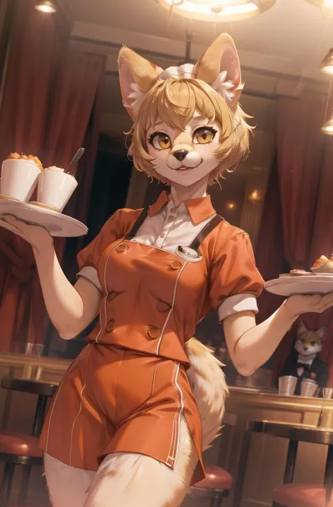 masterpiece, best quality,hdr,8k,1girl,furry female,persona dancing, 
solo,(high detail fur:1.2),cinema angle,8K,game CG
perfect lighting,servalcat,(waiter orange uniform:1.1),looking at viewer,blonde
<lora:servalcat:0.7>  <lora:add_detail:0.35> <lora:EnvyBeautyMix37:0.5>