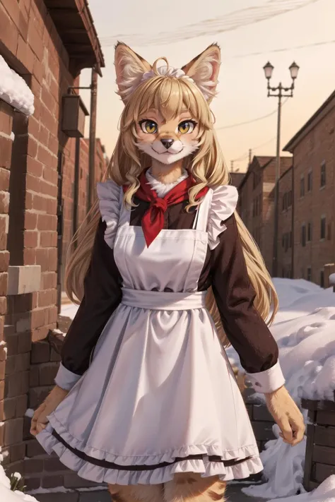 solo,masterpiece, 8k,best quality ,furry girl,8k,hdr,hires,high detail fur
outdoors,square,winter,red flag,servalcat
perfect anatomy,blonde,long hair,look at looking at viewer,(white apron:1.1),red neckchief
 <lora:servalcat:0.7> <lora:sovietForm:0.5>  <lora:EnvyBeautyMix25:0.3> <lora:add_detail:0.5>