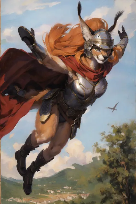 absurdres, highres, ultra detailed, masterpiece, cel shading,(flying in sky:1.2),wind
furry girl,caracal,long orange hair,shiny hair,(high detail fur:1.2),solo,,oil painting,traditional media
looking at viewer,romanarmy warrior with helmet on and red cape,superhero pose
<lora:Caracal:0.7>  <lora:Oilpainting:0.5> <lora:ARWromanarmy:1>