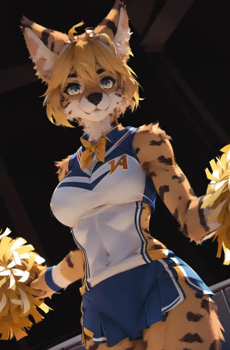 absurdres, highres, ultra detailed, masterpiece, sharp shading
furry female,solo,(high detail fur:1.2),cinema angle,8K,game CG,after perform
perfect lighting,servalcat,Cheerleading uniform,looking at viewer,blonde
<lora:servalcat:0.7> <hypernet:furry_kemono:1>