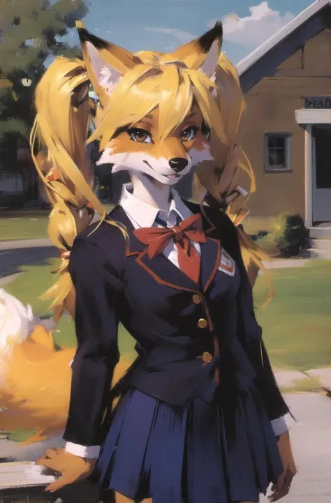 absurdres, highres, ultra detailed, masterpiece, sharp shading
fox furry girl,kid,school uniform,outdoors,blonde,twintails