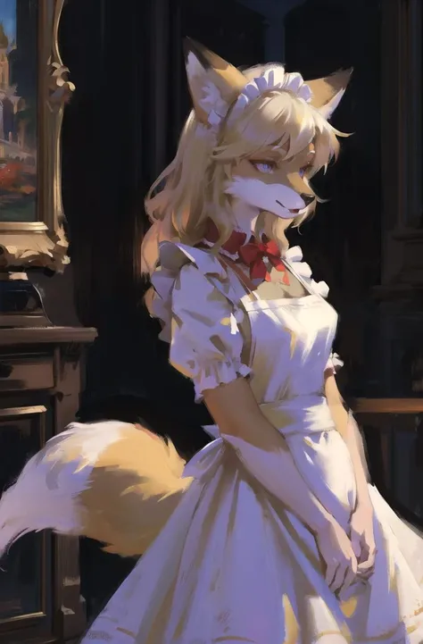 absurdres, highres, ultra detailed, masterpiece, sharp shading,portrait, 
fox furry girl,kid,maid dress,(white apron:1.2),oil painting,opera drama light
blonde,high detail eyes,