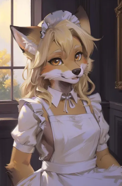 absurdres, highres, ultra detailed, masterpiece, sharp shading,portrait, 
fox furry girl,kid,maid dress,(white apron:1.2),oil painting
blonde,high detail fur eyes, fur paws,