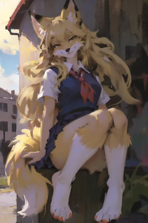 absurdres, highres, ultra detailed, masterpiece, sharp shading,portrait, dynamic pose, 
fox furry girl,kid,school uniform,outdoors,blonde,paws,high detail fur,fur skin
looking at viewer,<lora:Oilpainting:0.5>