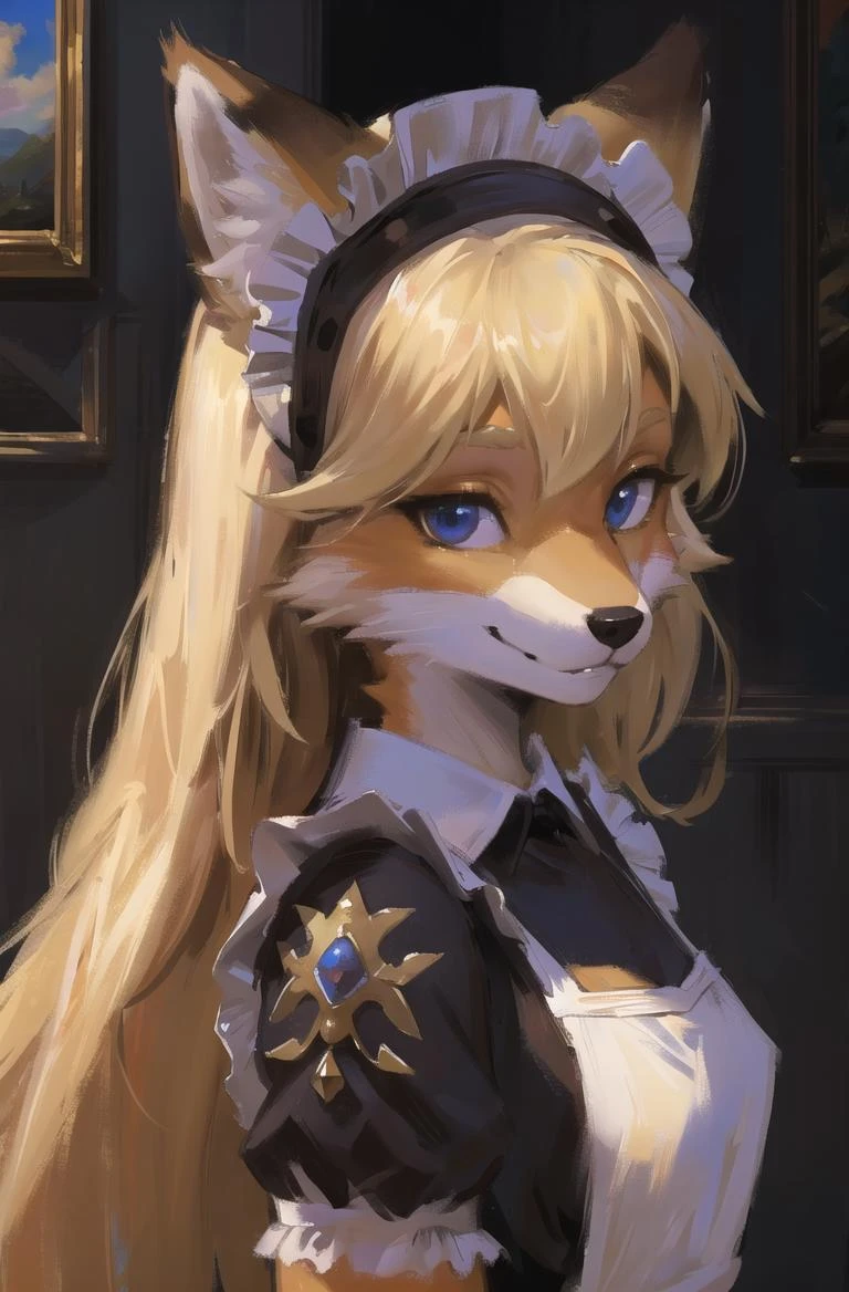 absurdres, highres, ultra detailed, masterpiece, sharp shading,portrait,
fox furry girl,maid uniform,maid headdress,oil painting,straight shot
blonde,high detail eyes,looking at viewer,