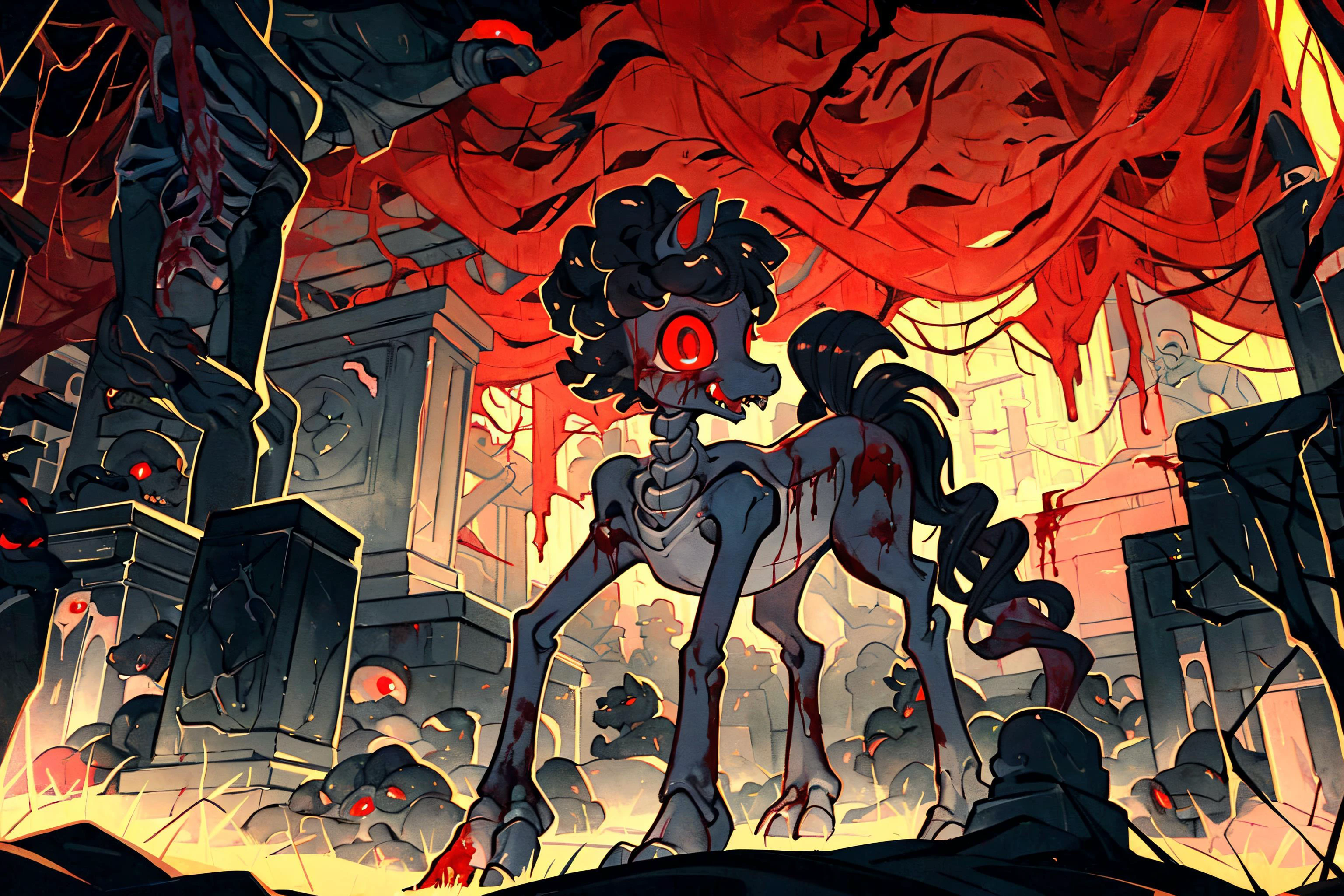(pony:1.3), female, glowing eyes, red eyes, black body,scars,(open wounds:1.4), (bones:1.2), glowing blood, (bleeding:1.3), cemetery background, night, very beautiful, best quality, perfect anatomy, fluff, (body fur), masterpiece, (digital painting, soft shading,, warm lighting), (cute:1.3), visible skeleton, (fangs:1.2), grin, fog, open mouth, sharp teeth, eyes everywhere <lora:eyes everywhere:0.8>
