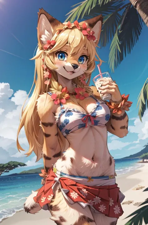 masterpiece, best quality,hdr,8k,1girl,furry female,forest,beach,drink milk
solo,high detail fur,cinema angle,8K,game CG,blue sky,hawaii hula skirt,garland
perfect lighting,servalcat,looking at viewer,blonde,long hair
<hypernet:furry_kemono:0.3><lora:servalcat:0.7> <lora:EnvyBeautyMix25:0.5> <lora:ankamaV2:0.3> <lora:add_detail:0.3>