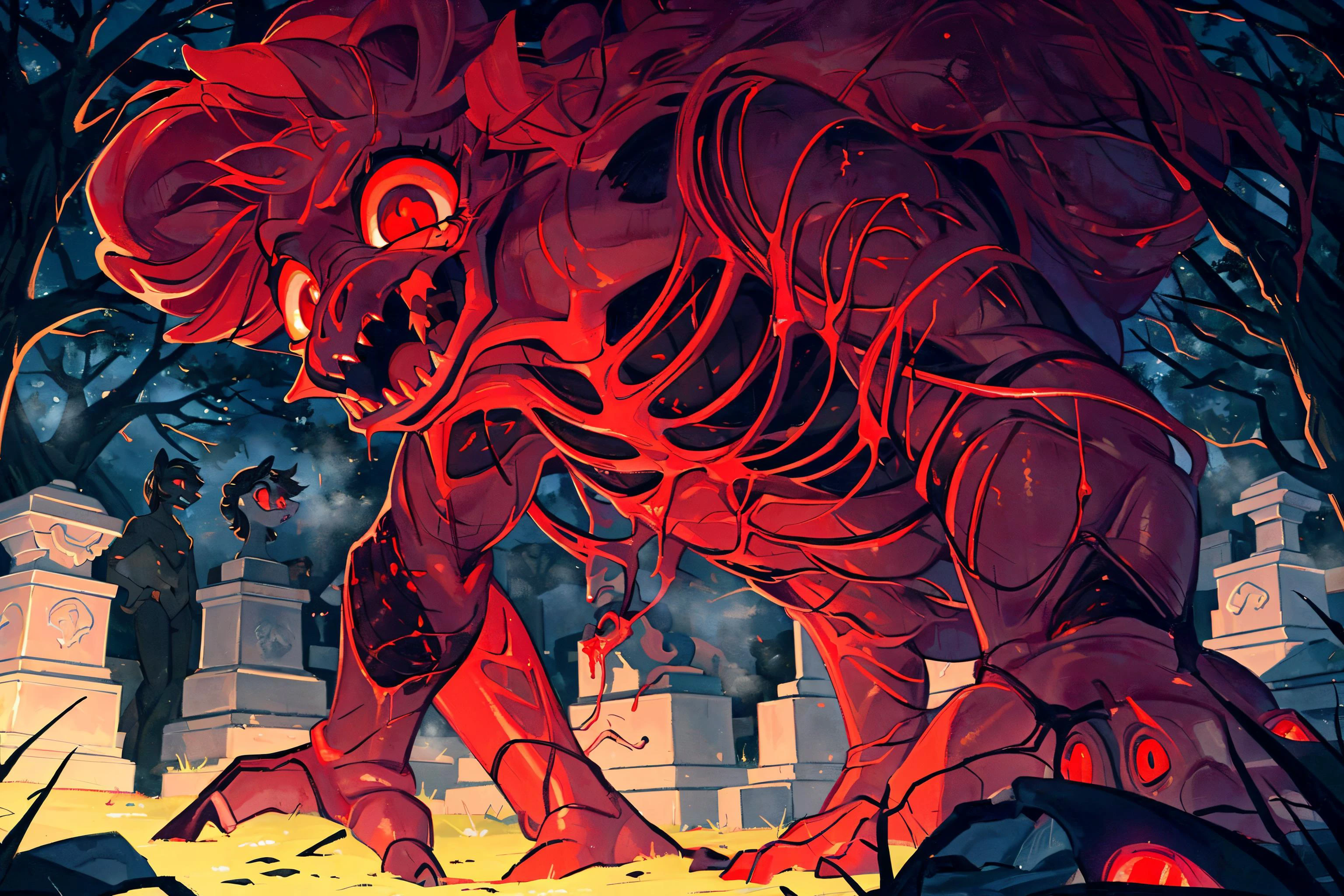 (pony:1.3), female, glowing eyes, red eyes, black body,scars,(open wounds:1.4), (bones:1.2), glowing blood, (bleeding:1.3), cemetery background, night, very beautiful, best quality, perfect anatomy, fluff, (body fur), masterpiece, (digital painting, soft shading,, warm lighting), (cute:1.3), visible skeleton, (fangs:1.2), grin, fog, open mouth, sharp teeth, eyes everywhere <lora:eyes everywhere:0.8>