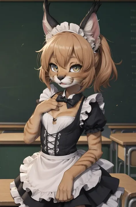 masterpiece, best quality,hdr,8k,1girl,furry female,classroom,chibi
caracal,caracalcat,ningmao,kitten,adorable,maid dresss, looking at viewer,flat chest
<lora:Caracal:0.7> <hypernet:furry_kemono:0.5> <lora:Possum2:0.5>