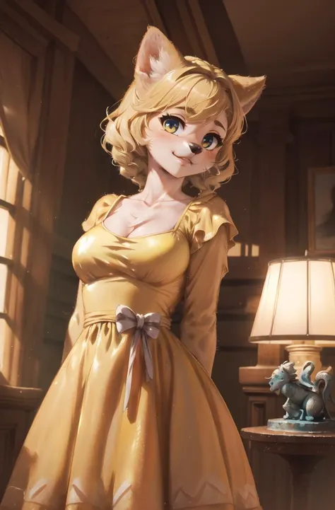 masterpiece, furry girl,8k,hdr,hires,high detail,perfect lighting,cowboy shot
(indoors:1.2),sunlight,statue,servalcat,rim light
(1girls:1.5),solo,perfect anatomy,blonde,(yellow dress:1.3) ,look at looking at viewer
<lora:servalcat:0.7> <lora:kenkelly:0.5>