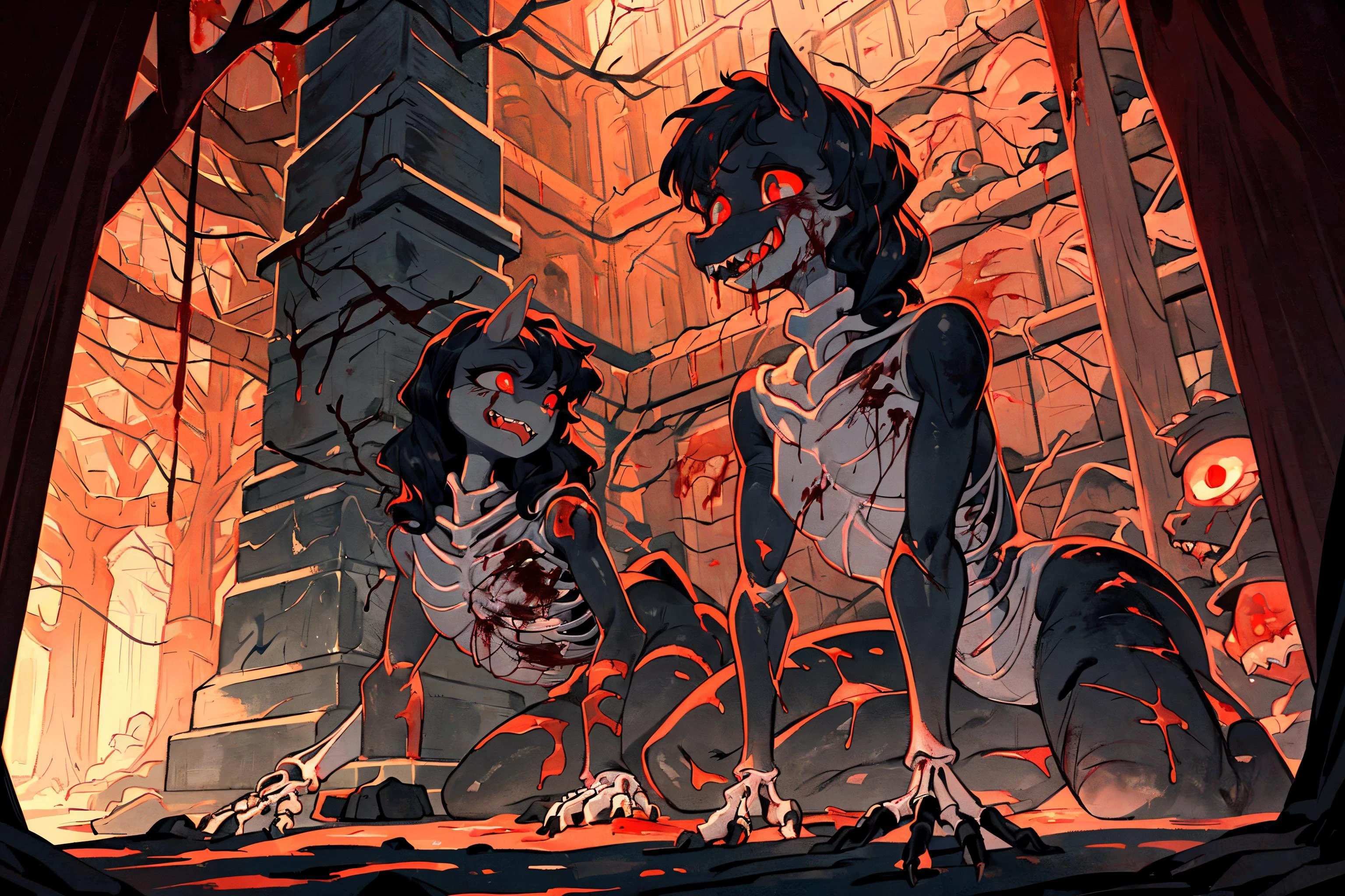 (pony:1.3), female, glowing eyes, red eyes, black body,scars,(open wounds:1.4), (bones:1.2), glowing blood, (bleeding:1.3), cemetery background, night, very beautiful, best quality, perfect anatomy, fluff, (body fur), masterpiece, (digital painting, soft shading,, warm lighting), (cute:1.3), visible skeleton, (fangs:1.2), grin, fog, open mouth, sharp teeth, eyes everywhere <lora:eyes everywhere:0.8>