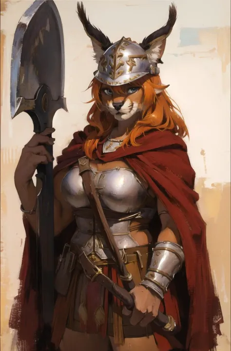 absurdres, highres, ultra detailed, masterpiece, cel shading,africa,cowboy shot
furry girl,caracal,long orange hair,shiny hair,(high detail fur:1.2),solo,,oil painting,traditional media
looking at viewer,female romanarmy warrior with helmet on and red cape,holding gaint axe
<hypernet:furry_kemono:0.3><lora:Caracal:0.7> <lora:ankamaV2:0.3> <lora:Oilpainting:0.7> <lora:ARWromanarmy:1>