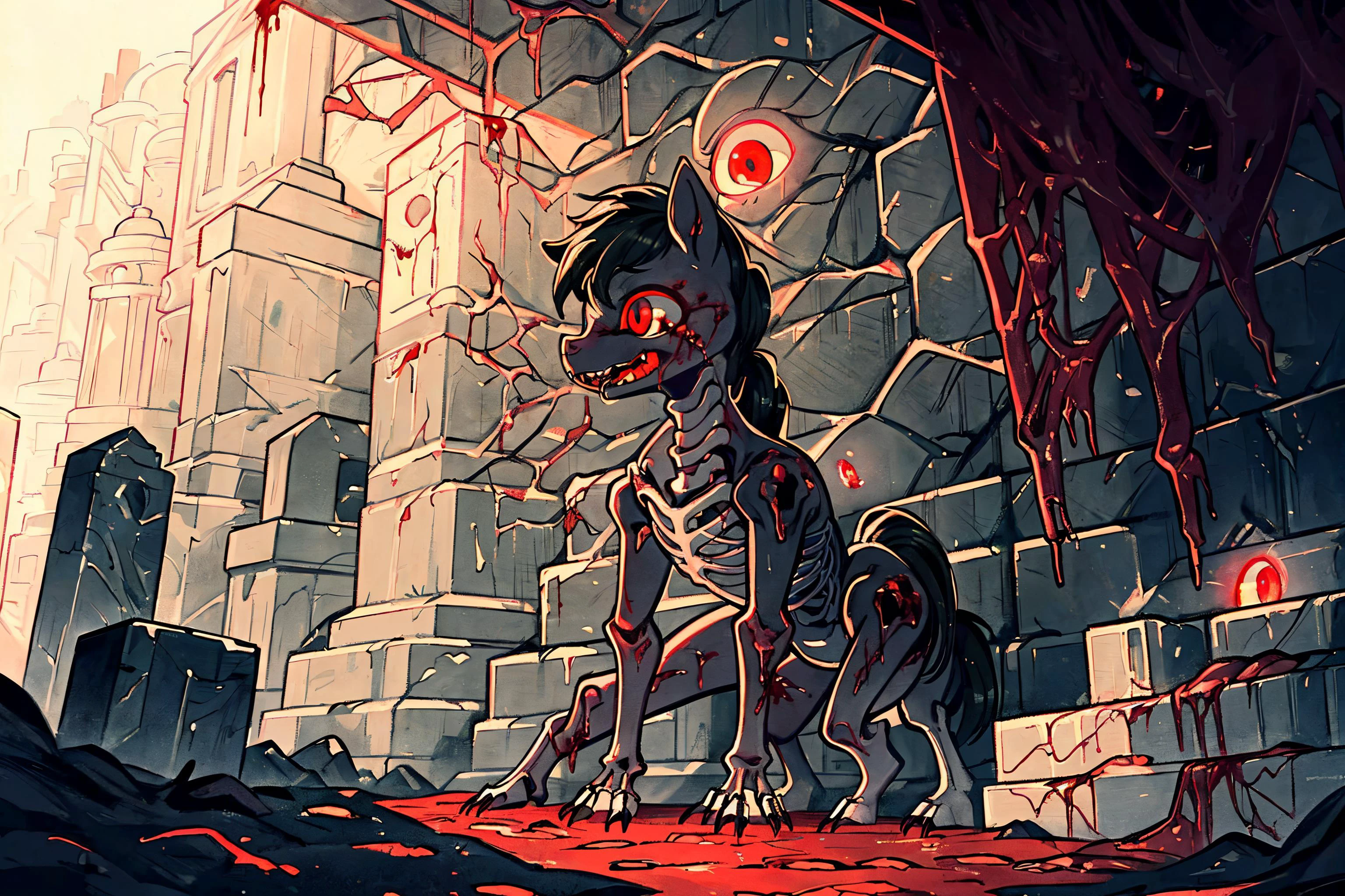 (pony:1.3), female, glowing eyes, red eyes, black body,scars,(open wounds:1.4), (bones:1.2), glowing blood, (bleeding:1.3), cemetery background, night, very beautiful, best quality, perfect anatomy, fluff, (body fur), masterpiece, (digital painting, soft shading,, warm lighting), (cute:1.3), visible skeleton, (fangs:1.2), grin, fog, open mouth, sharp teeth, eyes everywhere <lora:eyes everywhere:0.8>