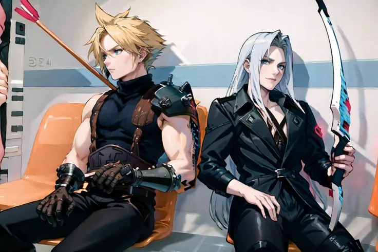 masterpiece, best quality, incrsshotbysonmeme, <lora:FatherShotBySonMeme:0.45>, holding, bow \(weapon\), holding weapon, 2boys, 
BREAK, cloud strife, shoulder armor, sleeveless turtleneck, suspenders, belt, baggy pants, gloves, bracer, <lora:Char_FF7Remake_CloudStrife:0.9>,  pain
BREAK, Sephiroth, Sephiroth (Final Fantasy), <lora:Char_FF7Remake_Sephiroth:0.9>, grin,