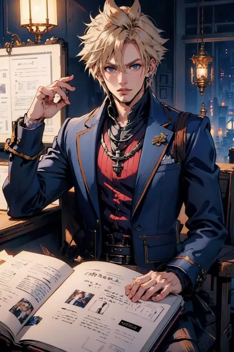 masterpiece, best quality, <lora:cloudstrife-nvwls-v1-final:0.7> cloud strife, <lora:wrenchftmfshn:1.3> wrenchftmfshn, fantasy clothing, mansion, looking at viewer