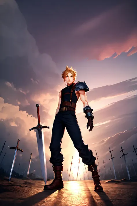 Highly detailed, High Quality, Masterpiece, beautiful, Unlimited Blade Works, <lora:UnlimitedBladeWorksV1:1>, full body, cloud strife, shoulder armor, sleeveless turtleneck, suspenders, belt, baggy pants, gloves, bracer, boots, <lora:Char_FF7Remake_CloudStrife:0.9>