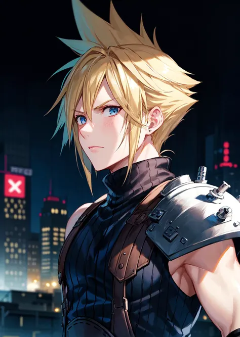 masterpiece, best quality, 1boy, Cloud Strife, shoulder armor, sleeveless turtleneck, suspenders, belt, baggy pants, gloves, bracer, boots, futuristic city background, night time, upper body, portrait, centered, up close, scowl, looking at viewer <lora:cloudstrife-nvwls-v1-final:0.8>