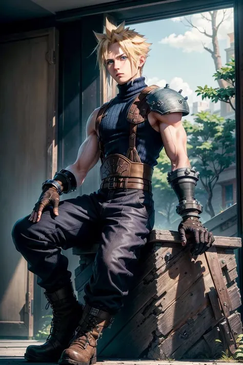 male face, male, (looking at viewer:1.0), ((masterpiece:1.4, best quality)), (full-body shot:1.6). forest,
detailed eyes, detailed face, (sitting:1.2), (blue eyes:1.2), (highlight in eyes:1.2), 
 <lora:cloudstrife-nvwls-v1:0.9> cloud strife, shoulder armor, sleeveless turtleneck, suspenders, belt, baggy pants, gloves, bracer, boots,  twin braids, male focus, 
 <lora:tangbohu-detailer_1.0:0.4>