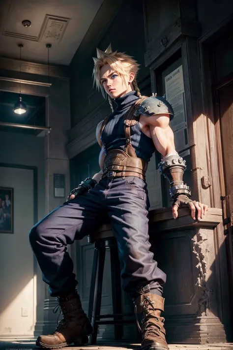 male face, male, (looking at viewer:1.0), ((masterpiece:1.4, best quality)), (full-body shot:1.6). forest,
detailed eyes, detailed face, (sitting:1.2), (blue eyes:1.2), (highlight in eyes:1.2),
<lora:cloudstrife-nvwls-v1:0.9> cloud strife, shoulder armor, sleeveless turtleneck, suspenders, belt, baggy pants, gloves, bracer, boots, twin braids, male focus,
<lora:tangbohu-detailer_1.0:0.4>