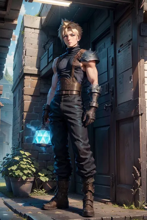 male face, male, (looking at viewer:1.0), ((masterpiece:1.4, best quality)), (full-body shot:1.6). forest,
detailed eyes, detailed face, (standing:1.2), (blue eyes:1.2), (highlight in eyes:1.2), 
 <lora:cloudstrife-nvwls-v1:0.9> cloud strife, shoulder armor, sleeveless turtleneck, suspenders, belt, baggy pants, gloves, bracer, boots,  male focus, 
 <lora:tangbohu-detailer_1.0:0.4> <lora:lihui-v31-32-16-1e-4-re4-ep4-768:0.5> hexagon,