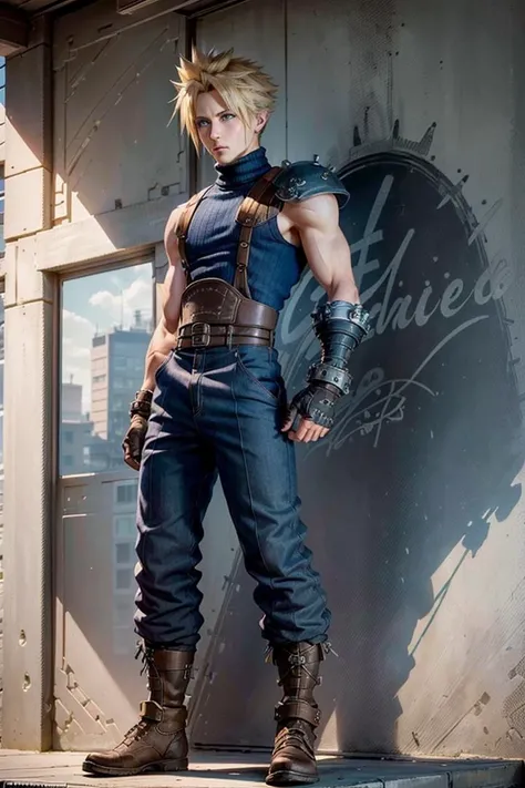 male face, male, (looking at viewer:1.0), ((masterpiece:1.4, best quality)), (full-body shot:1.6). forest,
detailed eyes, detailed face, (standing:1.2), (blue eyes:1.2), (highlight in eyes:1.2),
<lora:cloudstrife-nvwls-v1:0.9> cloud strife, shoulder armor, sleeveless turtleneck, suspenders, belt, baggy pants, gloves, bracer, boots, twin braids, male focus,
<lora:tangbohu-detailer_1.0:0.4>