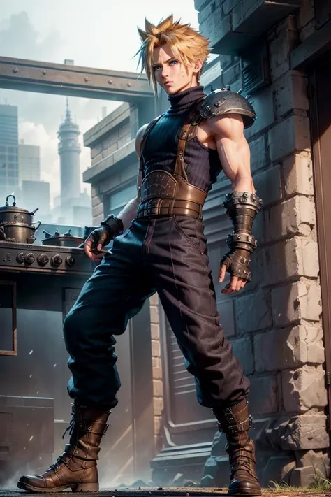 male face, male, (looking at viewer:1.0), ((masterpiece:1.4, best quality)), (full-body shot:1.6). forest,
detailed eyes, detailed face, (standing:1.2), (blue eyes:1.2), (highlight in eyes:1.2), 
 <lora:cloudstrife-nvwls-v1:0.9> cloud strife, shoulder armor, sleeveless turtleneck, suspenders, belt, baggy pants, gloves, bracer, boots,  twin braids, male focus, 
 <lora:tangbohu-detailer_1.0:0.4>