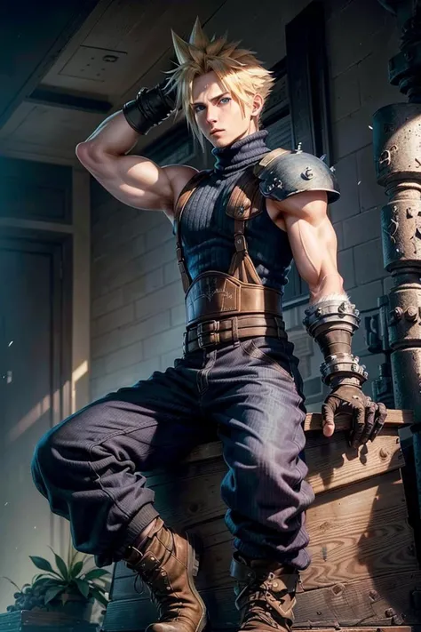 (best quality), (masterpiece), (realisti,) (photo-realisti), Ultra-detail,(looking down:1.2),
1 boy,male focus, ,
Cloud Strife, Schulterpanzer, sleeveless turtleneck, Suspenders, belt, Baggy pants, gloves,
(shadowed face:1.1), (sad:1.2),
Interior,Land,
professional lightning, Photonenmapping, 基于物理的渲染, (( very muscular, muscular legs, muscular arms, muscular shoulders, muscular hips, muscular breasts, muscular belly, alone))