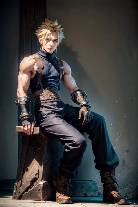 male face, male, (looking at viewer:1.0), ((masterpiece:1.4, best quality)), (full-body shot:1.6). forest,
detailed eyes, detailed face, (sitting:1.2), (blue eyes:1.2), (highlight in eyes:1.2), 
 <lora:cloudstrife-nvwls-v1:0.9> cloud strife, shoulder armor, sleeveless turtleneck, suspenders, belt, baggy pants, gloves, bracer, boots,  twin braids, male focus, 
 <lora:tangbohu-detailer_1.0:0.4>