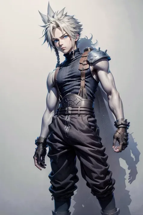 male face, male, (looking at viewer:1.0), ((masterpiece:1.4, best quality)), (full-body shot:1.6). forest,
detailed eyes, detailed face, (standing:1.2), (blue eyes:1.2), (highlight in eyes:1.2), 
 <lora:cloudstrife-nvwls-v1:0.9> cloud strife, shoulder armor, sleeveless turtleneck, suspenders, belt, baggy pants, gloves, bracer, boots,  twin braids, male focus, 
 <lora:tangbohu-detailer_1.0:0.4> <lora:æç»äºæ¬¡å:1> hand-drawn art, monochrome, Unpainted
