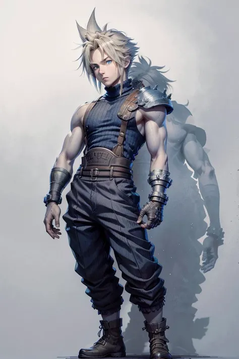 male face, male, (looking at viewer:1.0), ((masterpiece:1.4, best quality)), (full-body shot:1.6). forest,
detailed eyes, detailed face, (standing:1.2), (blue eyes:1.2), (highlight in eyes:1.2), 
 <lora:cloudstrife-nvwls-v1:0.9> cloud strife, shoulder armor, sleeveless turtleneck, suspenders, belt, baggy pants, gloves, bracer, boots,  twin braids, male focus, 
 <lora:tangbohu-detailer_1.0:0.4> <lora:æç»äºæ¬¡å:1> hand-drawn art, monochrome, Unpainted