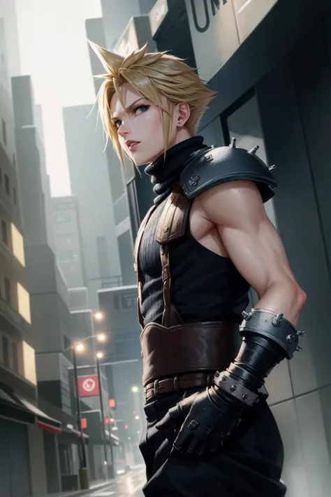 masterpiece, best quality, cloud strife, shoulder armor, sleeveless turtleneck, suspenders, belt, gloves, bracer, baggy pants, cowboy shot, looking at viewer, dystopian city, nighttime, chiaroscuro shading, walking, from side <lora:cloudstrife-nvwls-v1-000010:0.9>