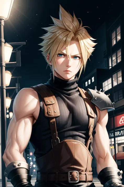 masterpiece, best quality, cloud strife, shoulder armor, sleeveless turtleneck, suspenders, belt, gloves, bracer, upper body, serious expression, looking at viewer, facing forward, city street, night, arms to side <lora:cloudstrife-nvwls-v1-000010:0.9>