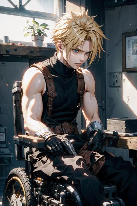 (best quality), (masterpiece), (realistic,) (photo-realistic), ultra-detailed,(looking down:1.2),
1boy,male focus, ,
<lora:cloudstrife-nvwls-v1-final:0.7> cloud strife, shoulder armor, sleeveless turtleneck, suspenders, belt, baggy pants, gloves, bracer, boots,
(wheelchair:1.2),sitting,empty eyes,disappointed,disappointment,hollow,
<lora:shaded_face2_pruned_0:0.9> (shaded face:1.1), (sad:1.2),
indoor,country,
professional lighting, photon mapping, physically-based rendering,