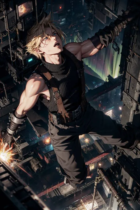 (best quality), (masterpiece), (realistic,) (photo-realistic), ultra-detailed,(from above:1.3),aerial view,
1boy,male focus,(looking up:1.4),(falling:1.3),hanging,falling into explosion,falling hole,
(reach out:1.2),
<lora:cloudstrife-nvwls-v1-final:0.7> cloud strife, shoulder armor, sleeveless turtleneck, suspenders, belt, baggy pants, gloves, bracer, boots,
(open mouth:0.6),angry,shoked,
<lora:LowRa:0.6> dark theme,
(explosion:1.3),(factory:1.4),(aurora:1.2),green small (particles:1.2),
professional lighting, photon mapping, physically-based rendering,